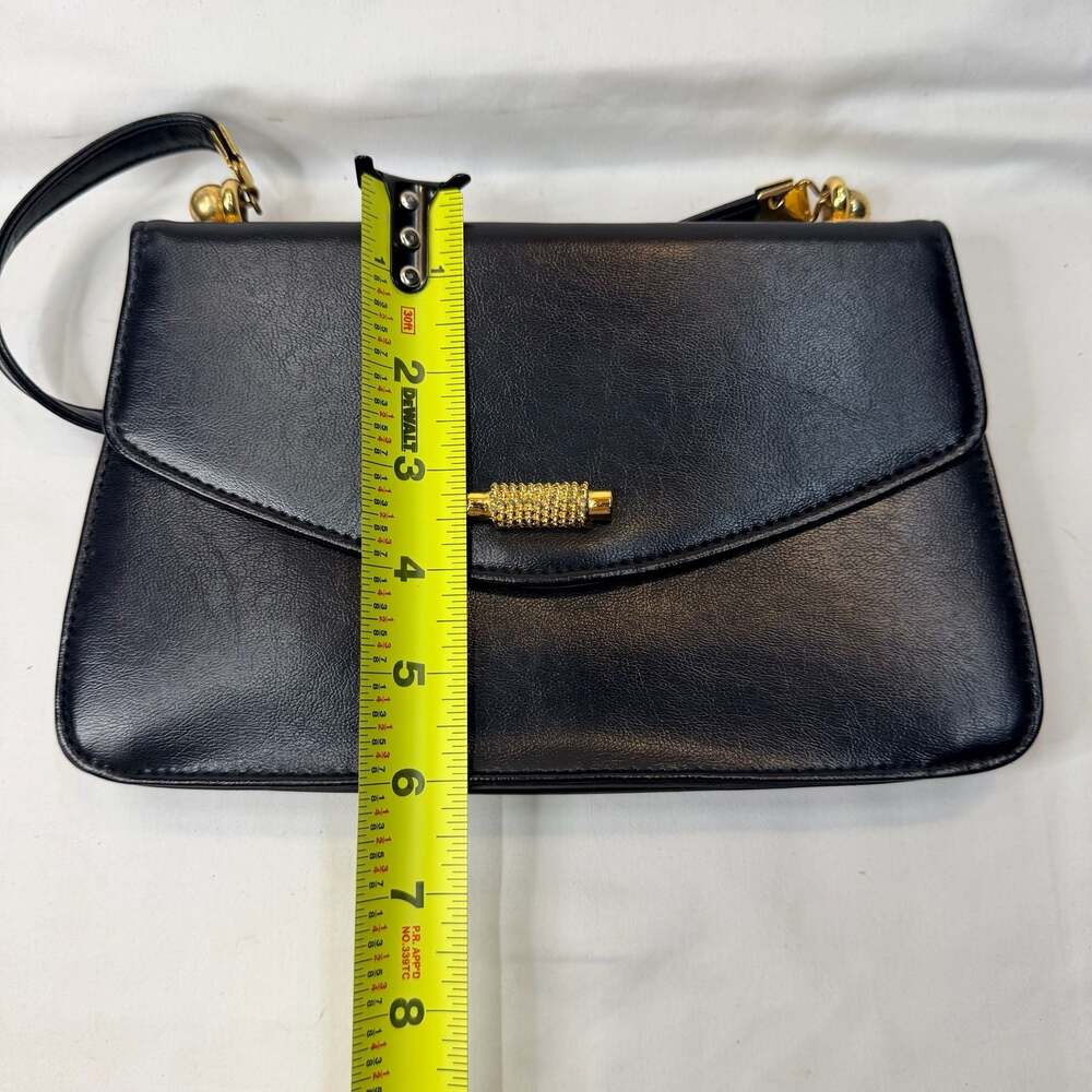 Vintage Black Leather Evening Shoulder Bag with Gold Tone Rope Detail Clasp - Picture 6 of 10